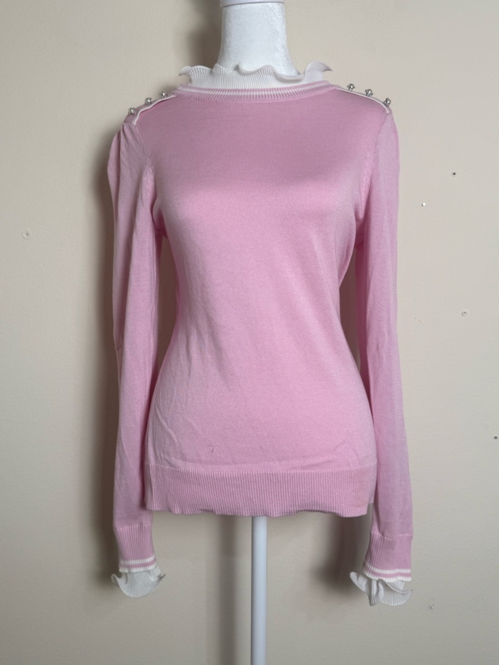 Light Pink Long Sleeve Crewneck Sweater with Pearl Shoulder Detail